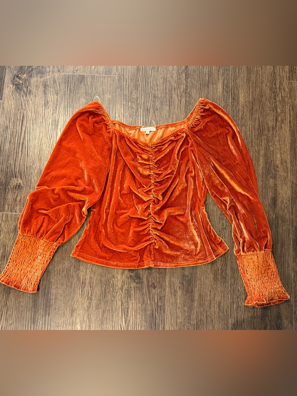 Amber Skies Boho Rust Orange Velvet Ruched Front Blouse Women's Size L